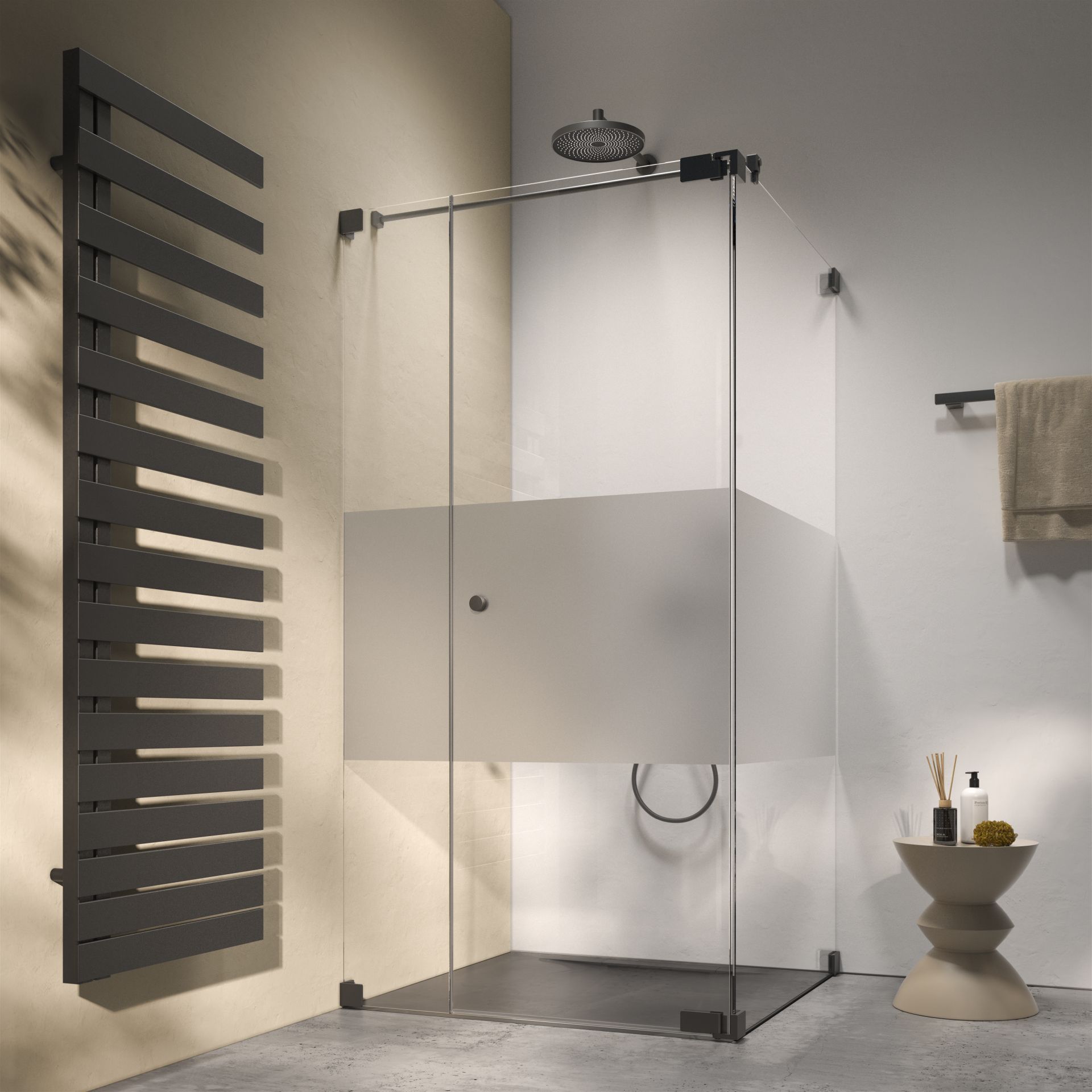 FOR Bathment Badheizkörper schwarz, Dusche mit schwarzen Armaturen, Beschlägen und schwarzer Duschwanne,