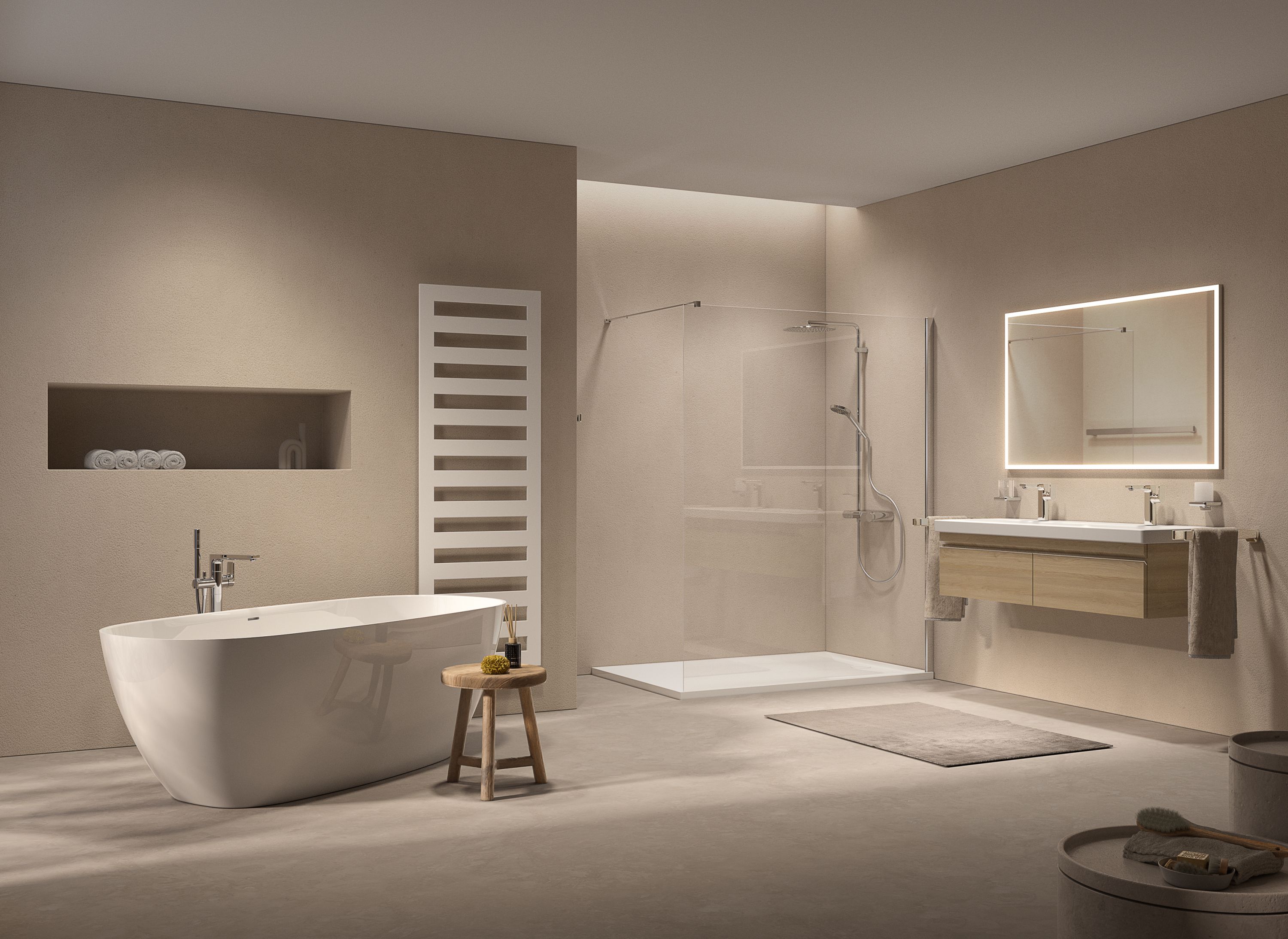 FOR Bathment - Badezimmer mit Badewanne,, Duschem Badheizkörper, Lichtspiegel, Waschtisch
