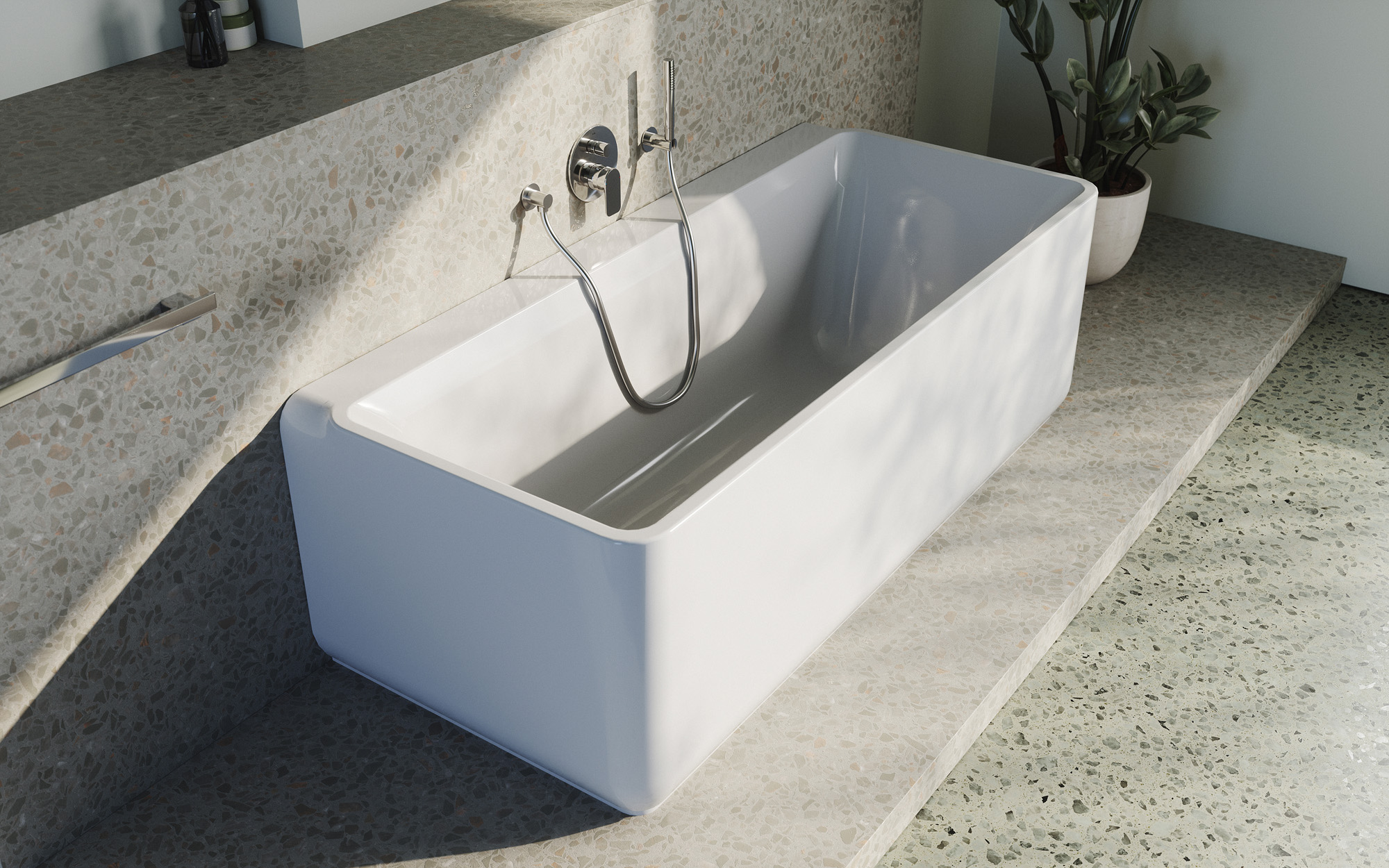 eckige Badewanne modern Monoblock halbfreistehend Leano FOR Badwelt
