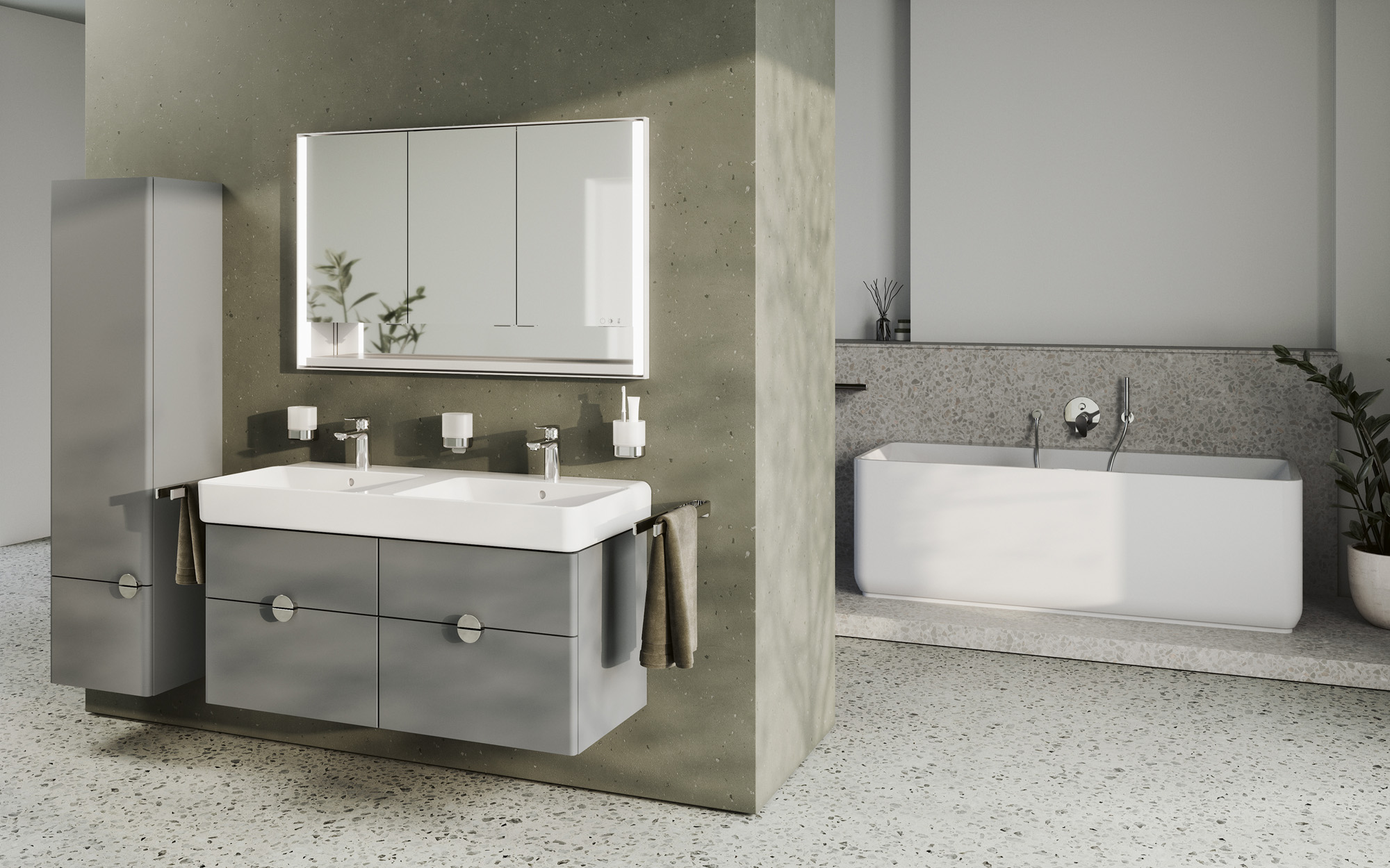 FOR Leano Bad Gesamtansicht Badewanne Monoblock Badmöbel Waschtischanlage Spiegelschrank