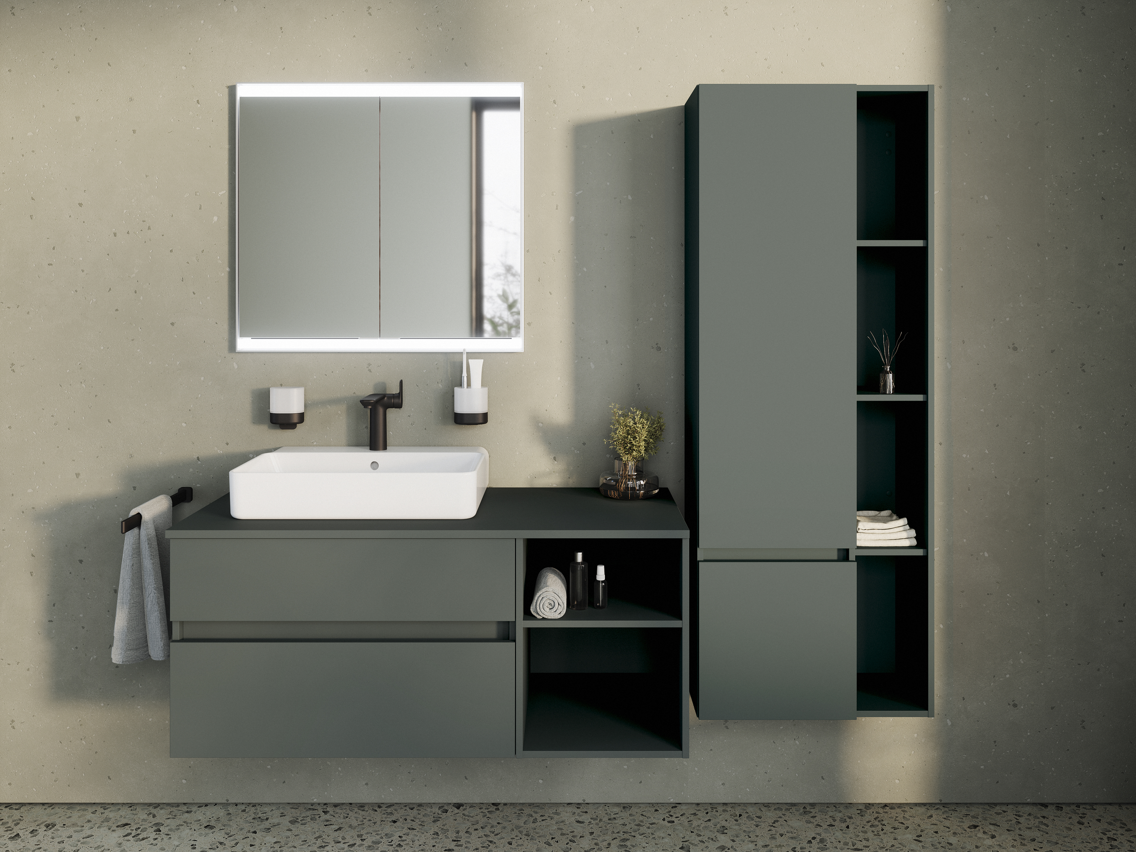 FOR Leano Waschtischanlage Unterschrank, Hochschrank olivgrün, Waschtischarmatur schwarz, LED-Lichtspiegel eckig