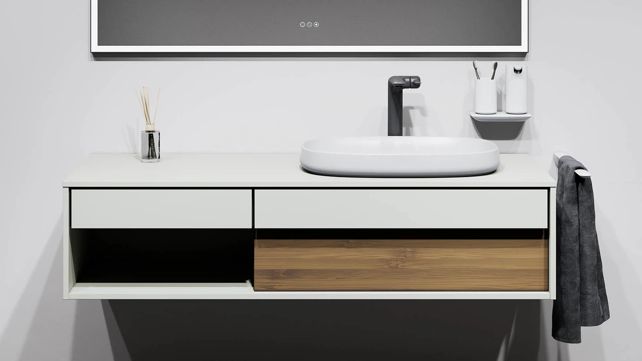 FOR Odivis Konsolenanlage Waschtischunterschrank bicolor Salzsee matt / Bambus natur