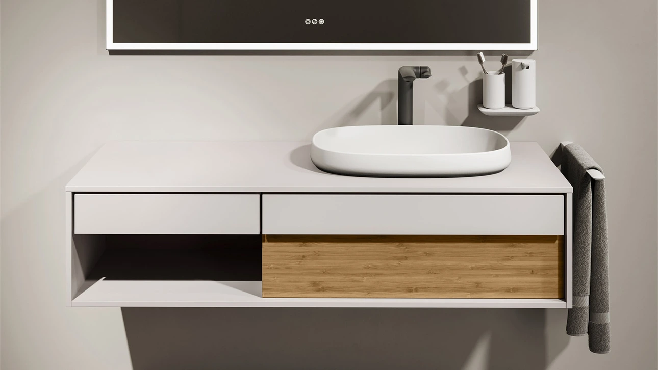 FOR Odivis Konsolenanlage Waschtischunterschrank bicolor Salzsee matt / Bambus natur