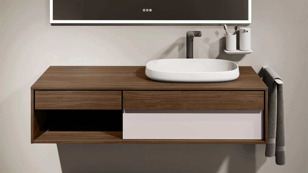 FOR Odivis Konsolenanlage Waschtischunterschrank bicolor Nussbaum natur / Salzsee matt