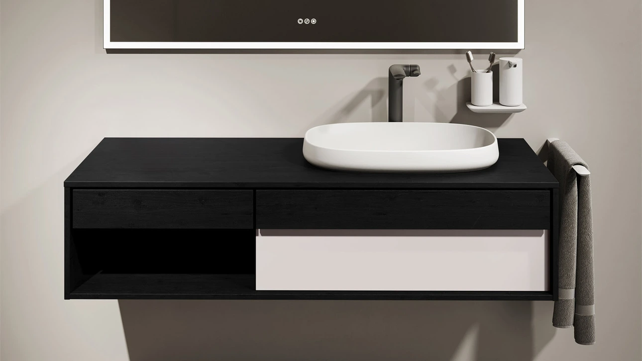 FOR Odivis Konsolenanlage Waschtischunterschrank bicolor Eiche schwarz / Salzsee matt