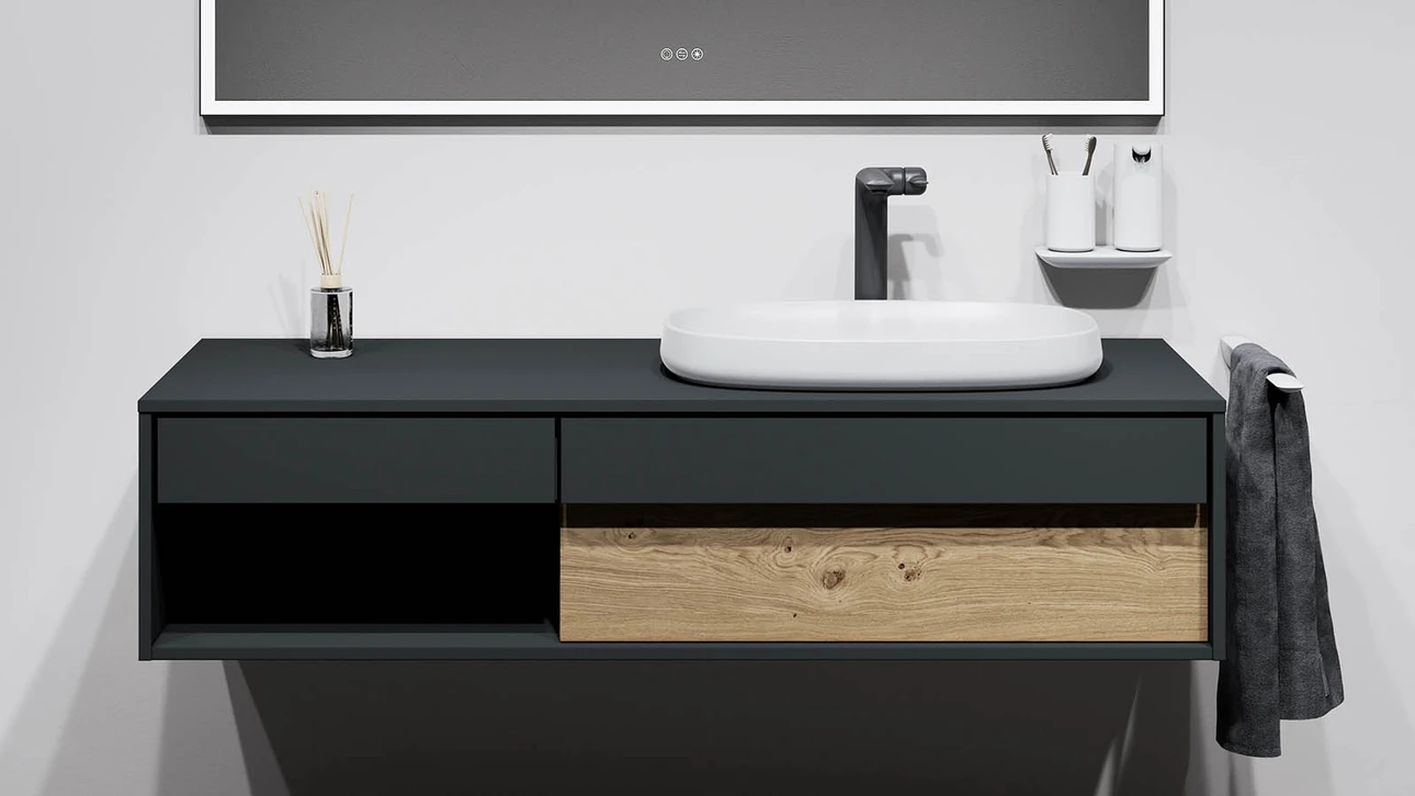 FOR Odivis Konsolenanlage Waschtischunterschrank bicolor Nachthimmel matt / Asteiche natur