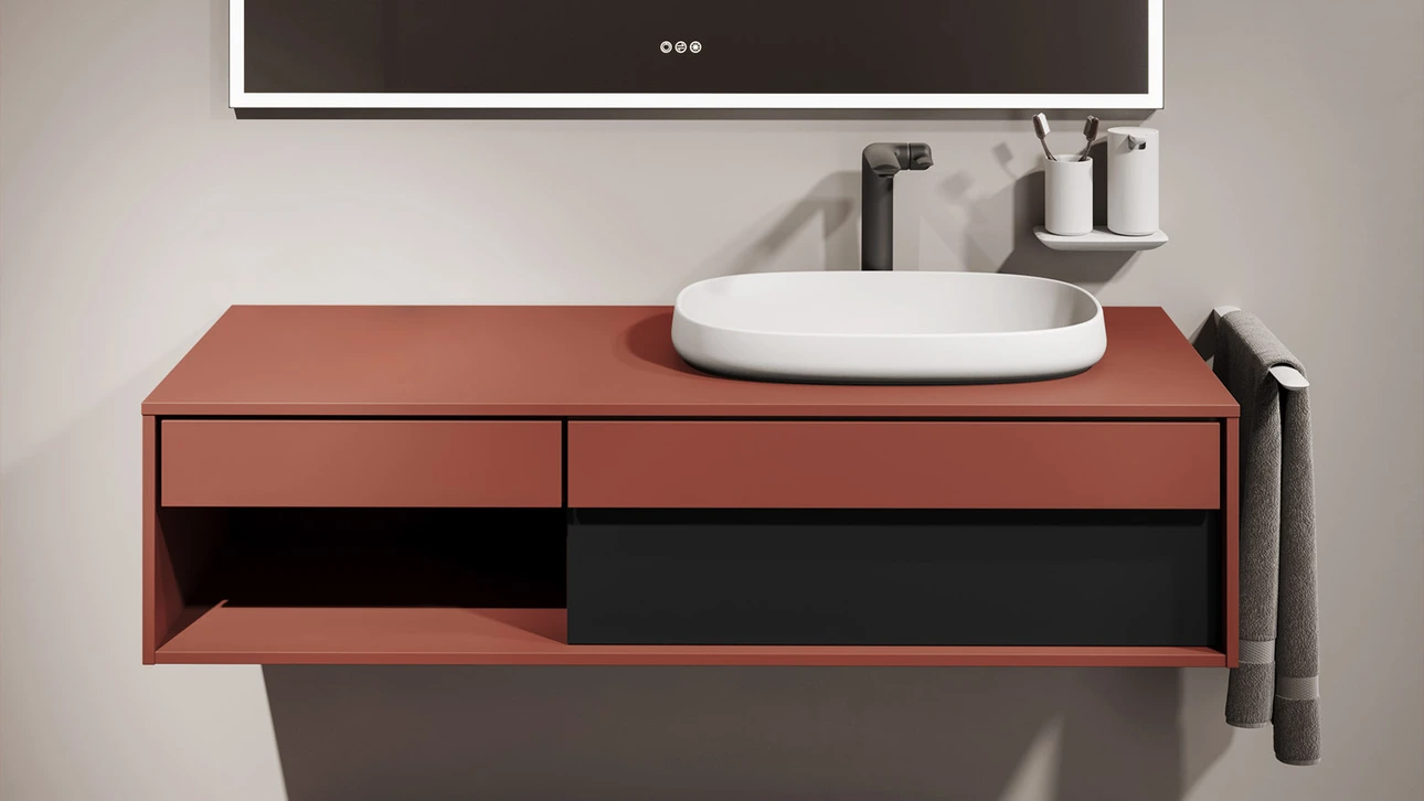 FOR Odivis Konsolenanlage Waschtischunterschrank bicolor Herbstwald matt / Lavafeld matt