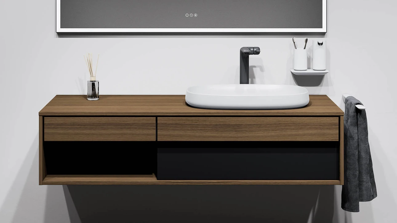 FOR Odivis Konsolenanlage Waschtischunterschrank bicolor Nussbaum natur / Lavafeld matt