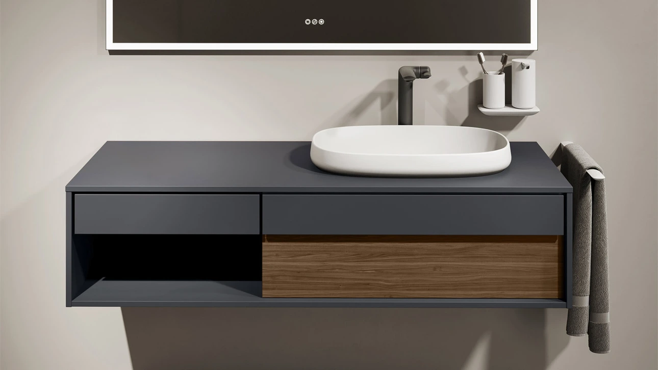 FOR Odivis Konsolenanlage Waschtischunterschrank bicolor Nachthimmel matt / Nussbaum natur