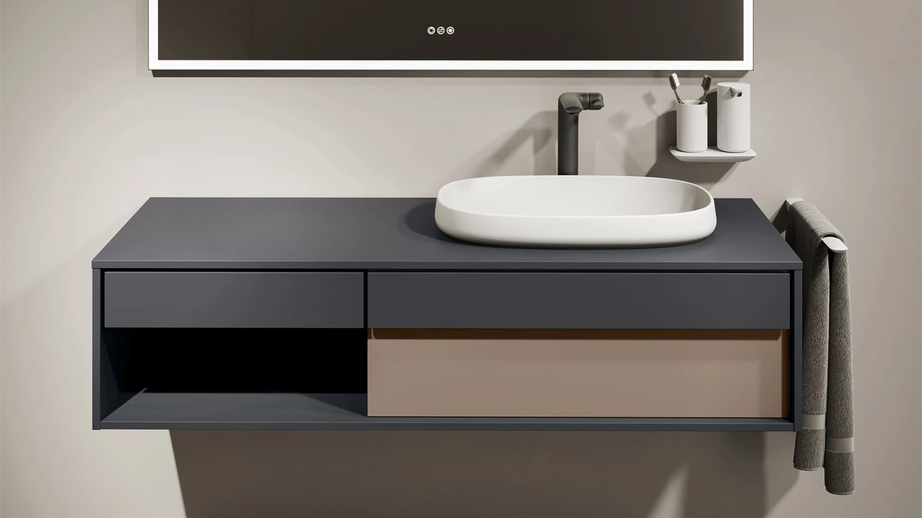 FOR Odivis Konsolenanlage Waschtischunterschrank bicolor Nachthimmel matt / Schilfufer matt