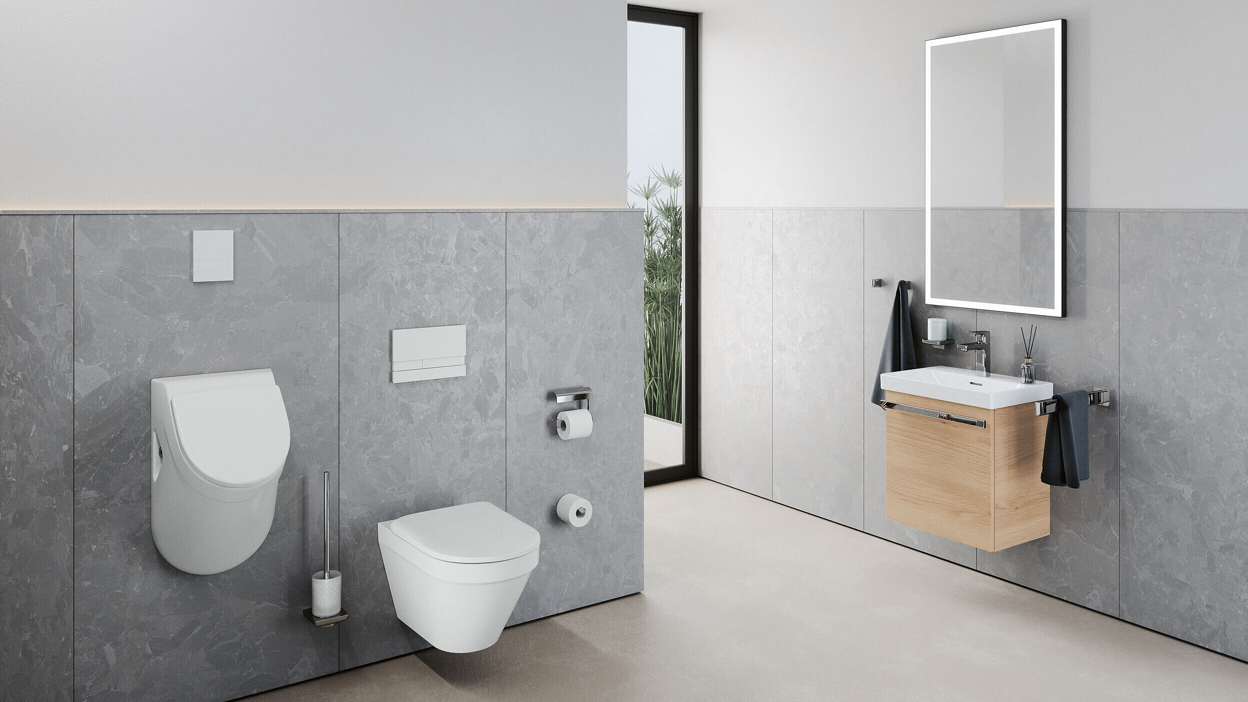 FOR MyStyle Gäste-WC Gesamtansicht WC Bidet Waschtisch klein UNterschrank Holzoptik LED-Spiegel