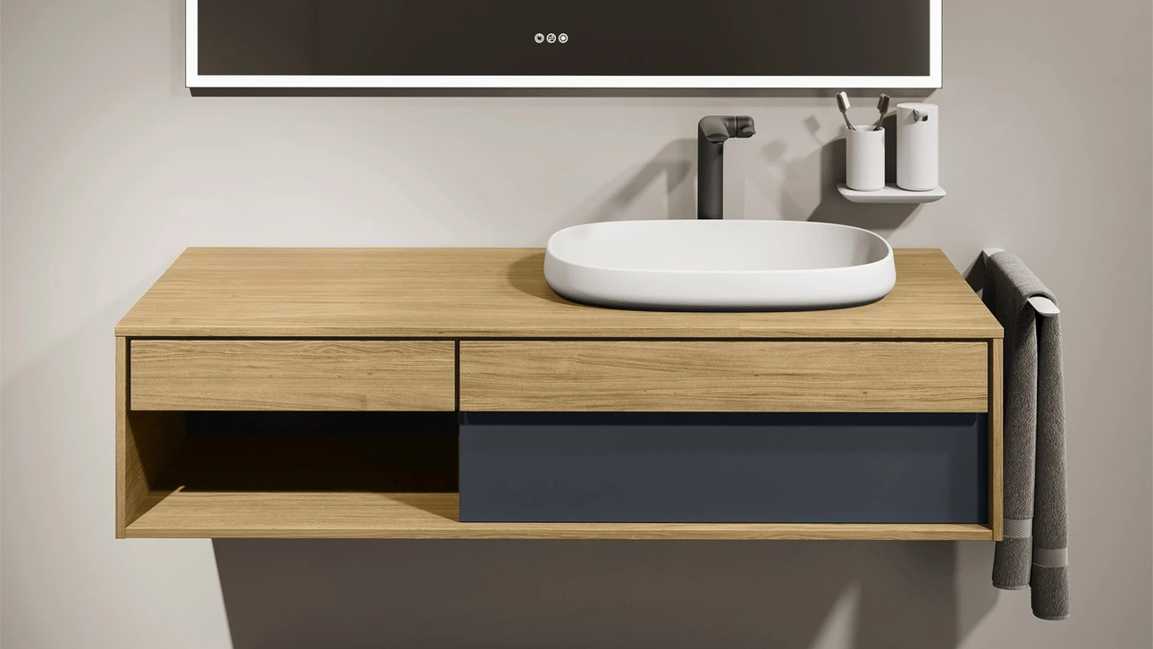 FOR Odivis Konsolenanlage Waschtischunterschrank bicolor Eiche natur / Nachthimmel matt