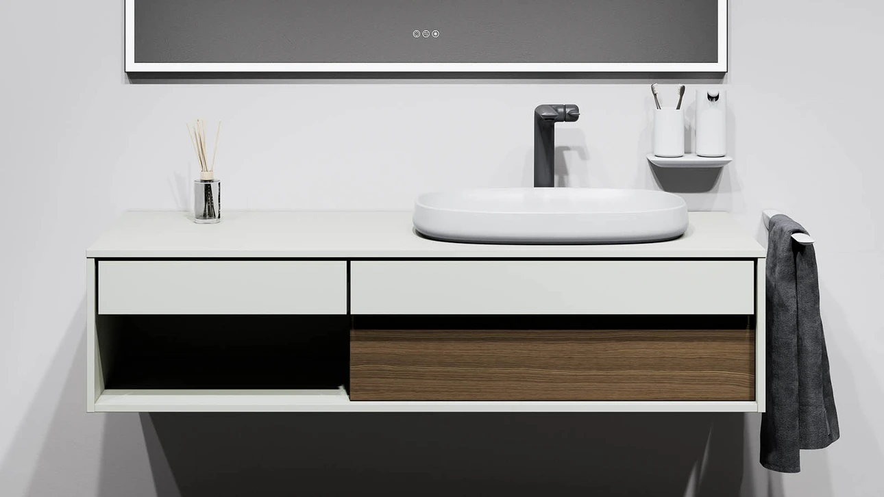 FOR Odivis Konsolenanlage Waschtischunterschrank bicolor Salzsee matt / Nussbaum natur
