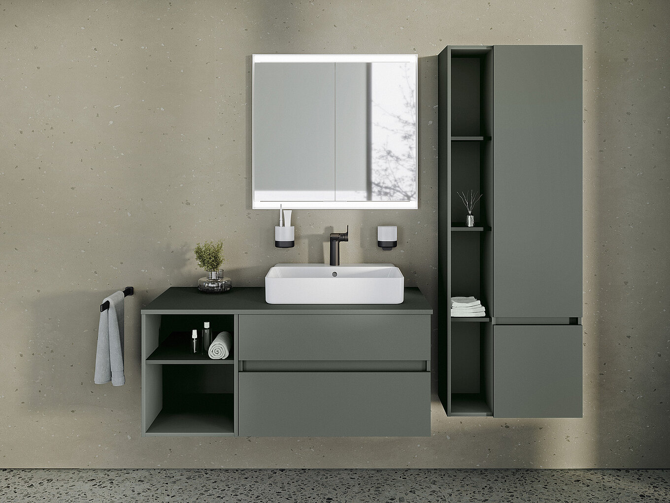 FOR Badmöbel Waschtischanlage Hochschrank olivgrün matt Spiegelschrank