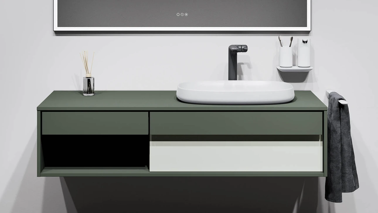 FOR Odivis Konsolenanlage Waschtischunterschrank bicolor Olivenhain matt / Salzsee matt