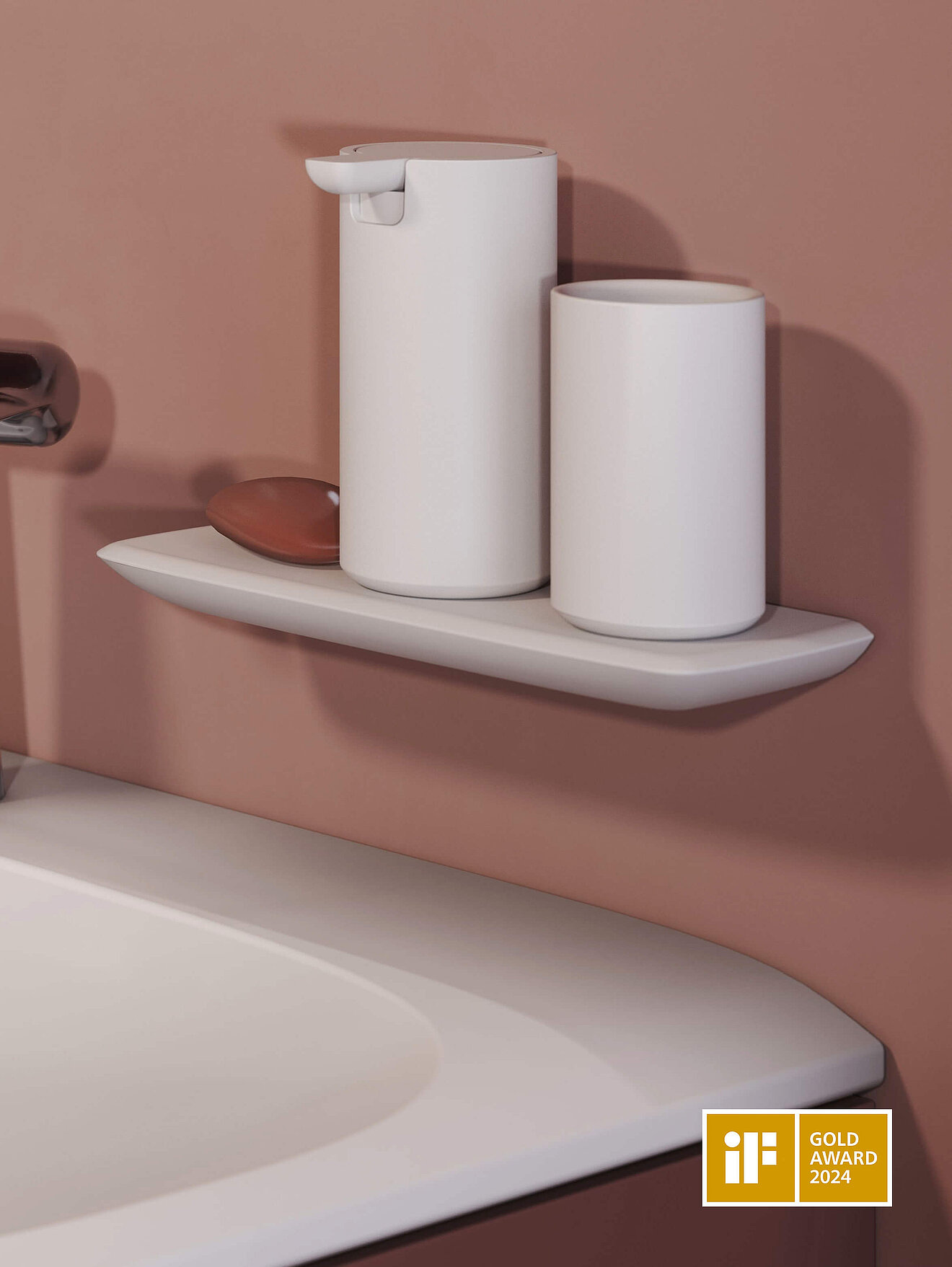 FOR Odivis Konsole mit integriertem Magneten Lotionspender Becher Mineralwerkstof weiß IF Award gold