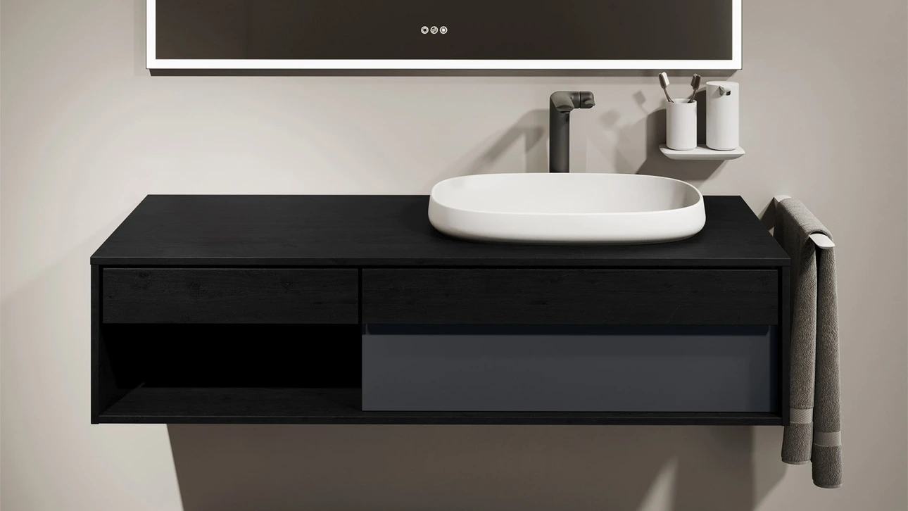 FOR Odivis Konsolenanlage Waschtischunterschrank bicolor Eiche schwarz / Nachthimmel matt