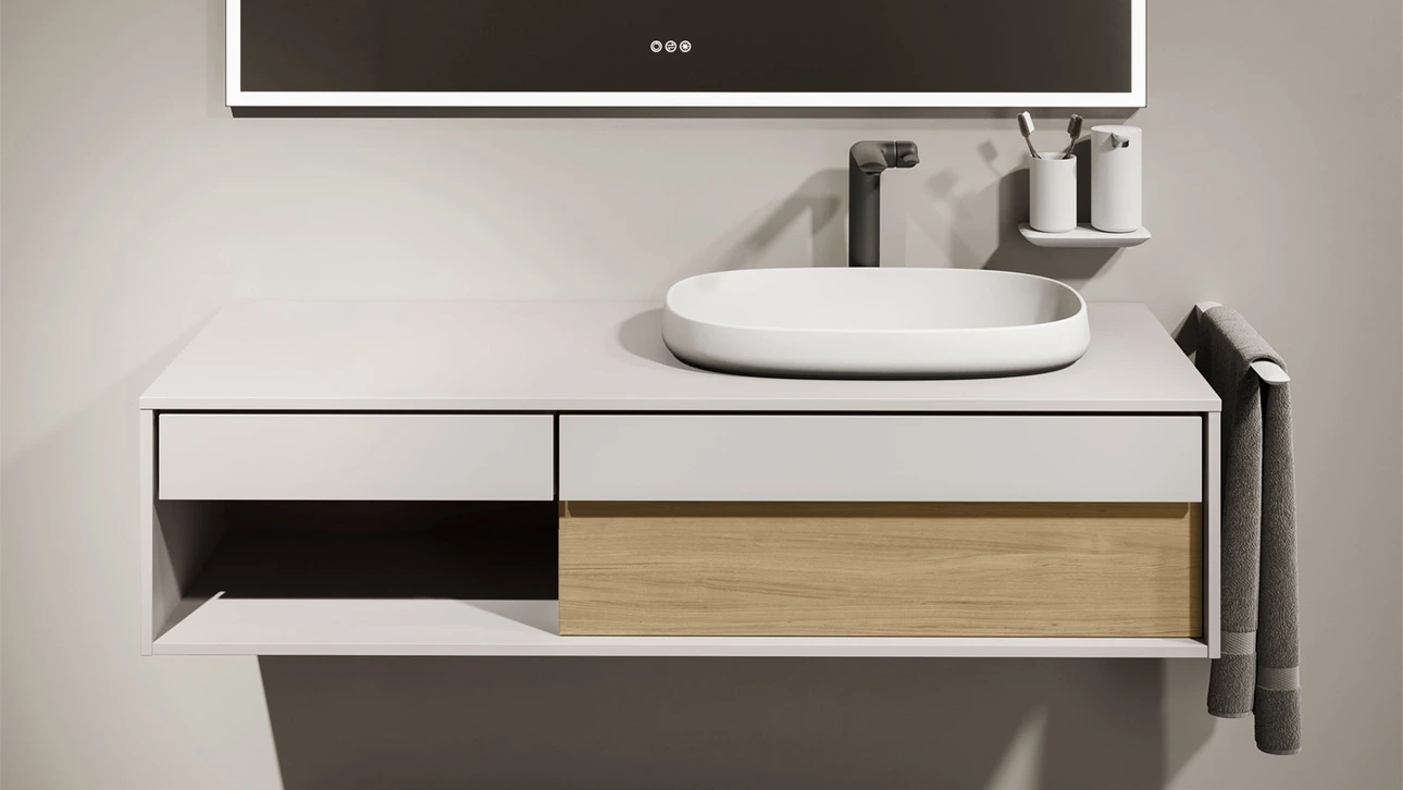 FOR Odivis Konsolenanlage Waschtischunterschrank bicolor Salzsee matt / Eiche athentic