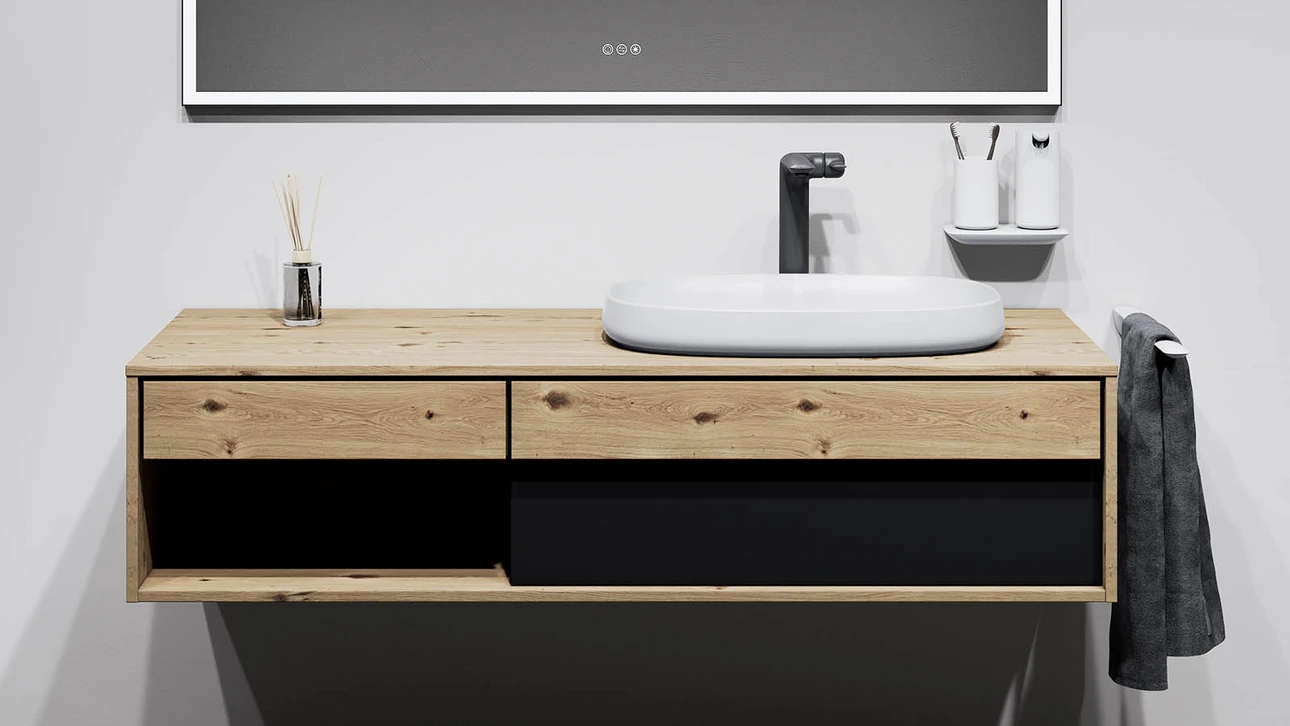FOR Odivis Konsolenanlage Waschtischunterschrank bicolor Asteiche natur / Lavafeld matt