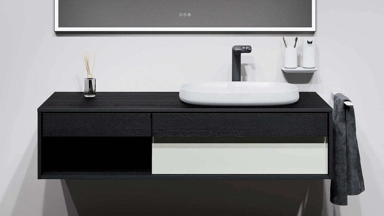 FOR Odivis Konsolenanlage Waschtischunterschrank bicolor Eiche schwarz / Salzsee matt