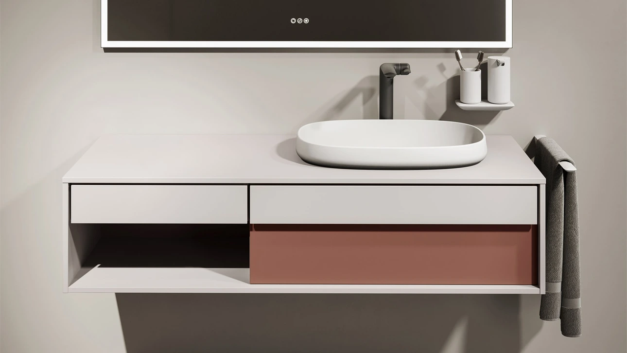 FOR Odivis Konsolenanlage Waschtischunterschrank bicolor Salzsee matt / Herbstwald matt