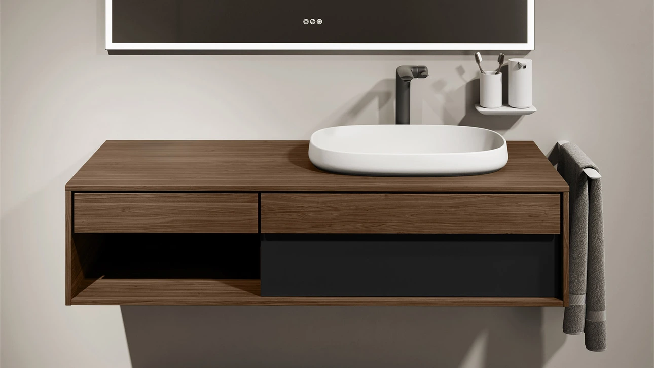 FOR Odivis Konsolenanlage Waschtischunterschrank bicolor Nussbaum natur / Lavafeld matt