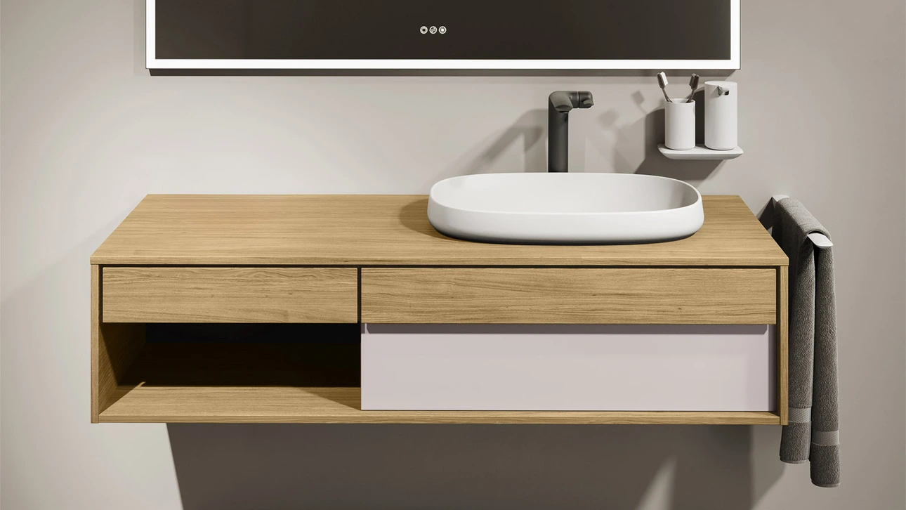 FOR Odivis Konsolenanlage Waschtischunterschrank bicolor Eiche natur / Salzsee matt