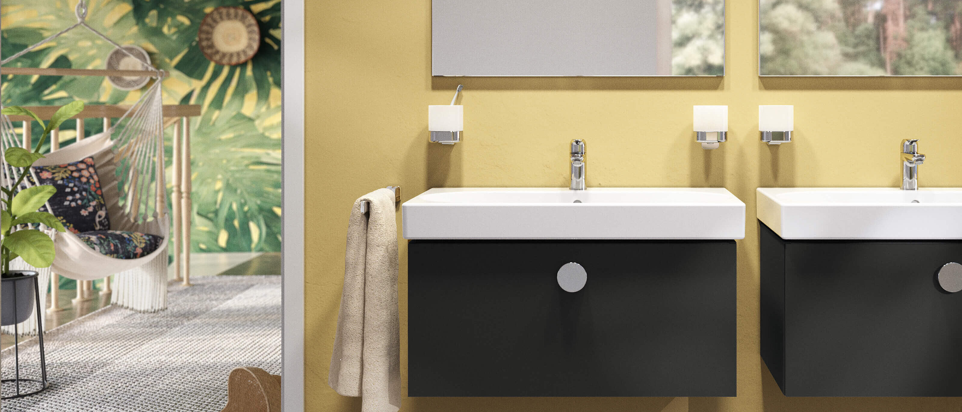 FOR Tavona New Boheme, Badmöbel Lavafeld matt, Wand gelb, Detailansicht