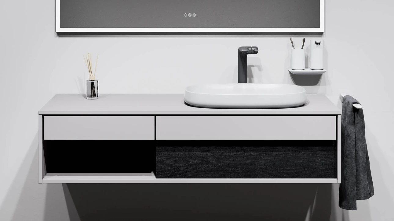 FOR Odivis Konsolenanlage Waschtischunterschrank bicolor Morgennebel matt / Eiche schwarz