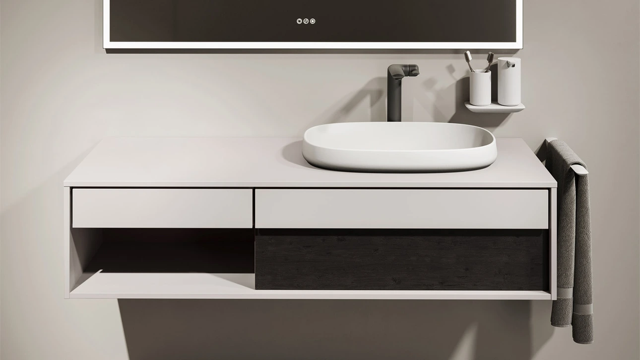 FOR Odivis Konsolenanlage Waschtischunterschrank bicolor Salzsee matt / Eiche schwarz