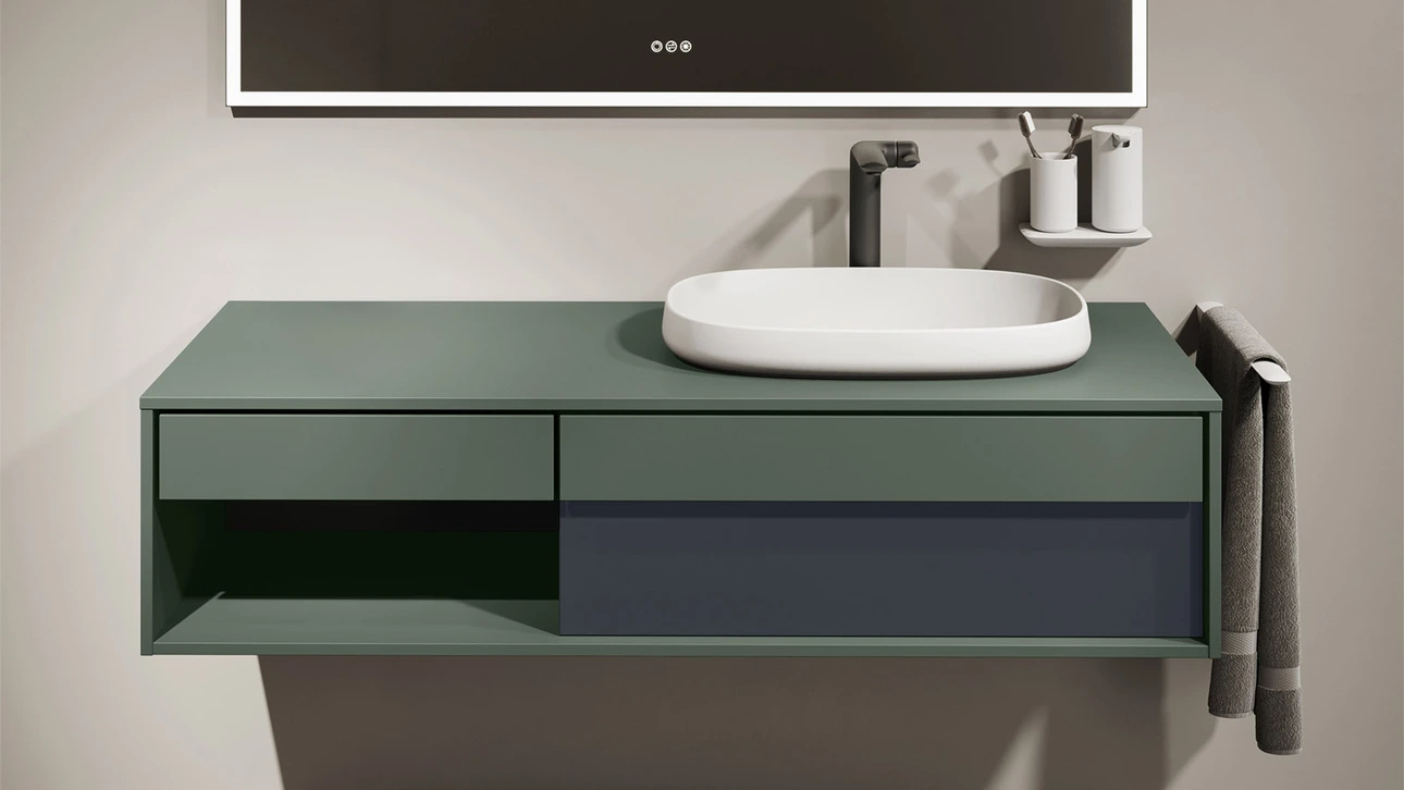 FOR Odivis Konsolenanlage Waschtischunterschrank bicolor Olivenhain matt / Nachthimmel matt