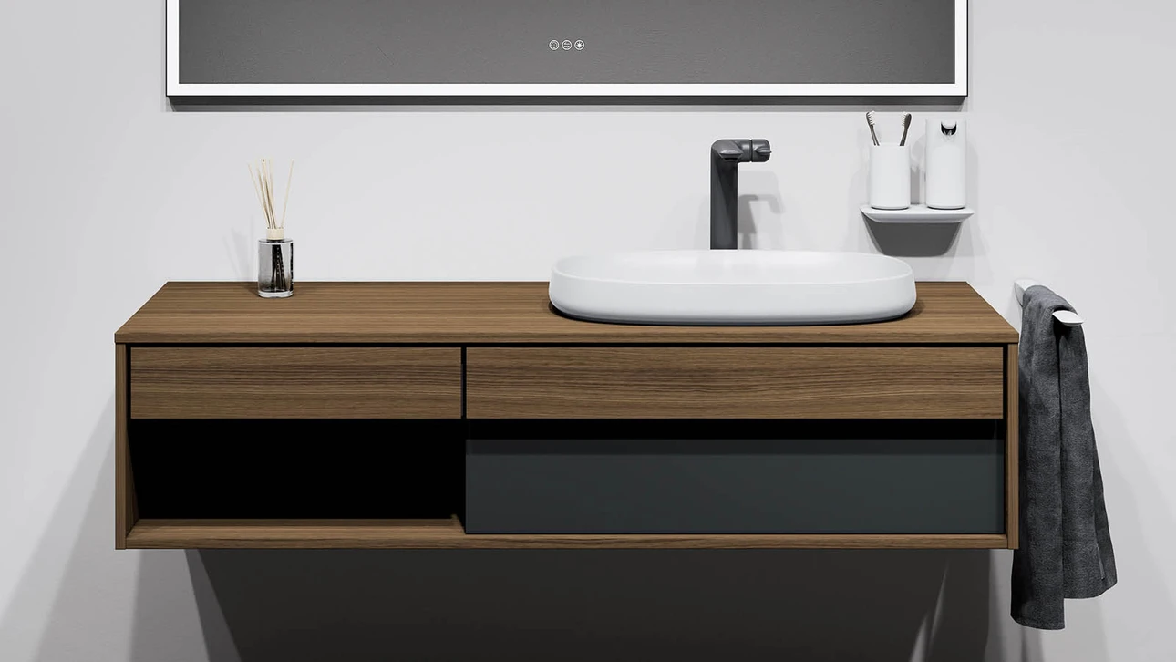 FOR Odivis Konsolenanlage Waschtischunterschrank bicolor Nussbaum natur / Nachthimmel matt
