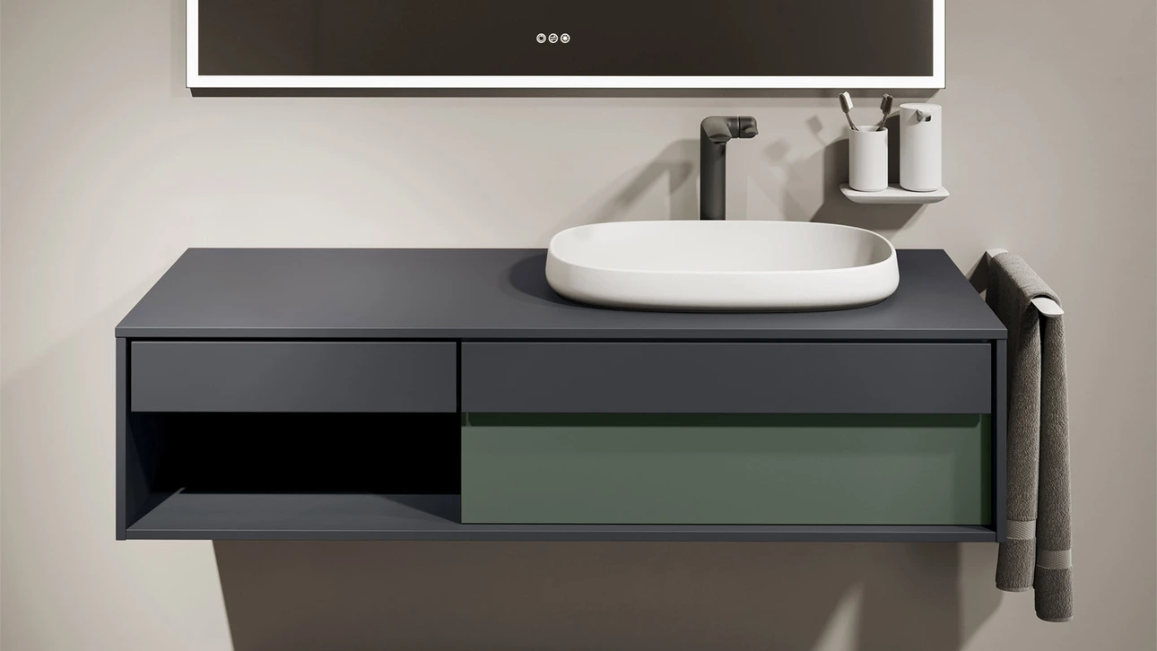 FOR Odivis Konsolenanlage Waschtischunterschrank bicolor Nachthimmel matt / Olivenhain matt