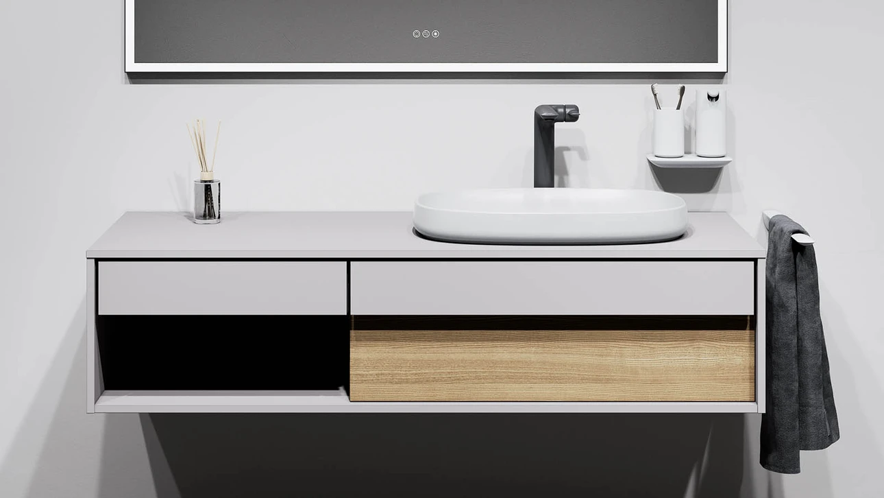 FOR Odivis Konsolenanlage Waschtischunterschrank bicolor Morgennebel matt / Eiche natur
