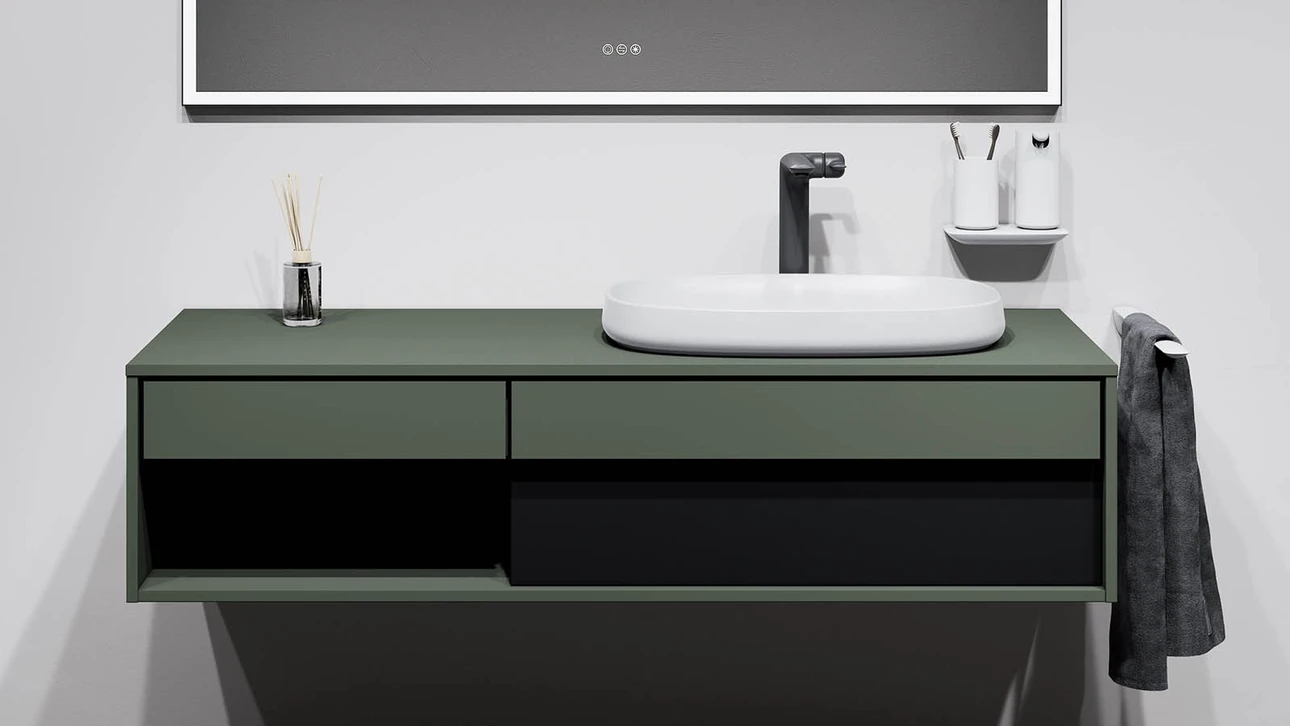 FOR Odivis Konsolenanlage Waschtischunterschrank bicolor Olivenhain matt / Lavafeld matt