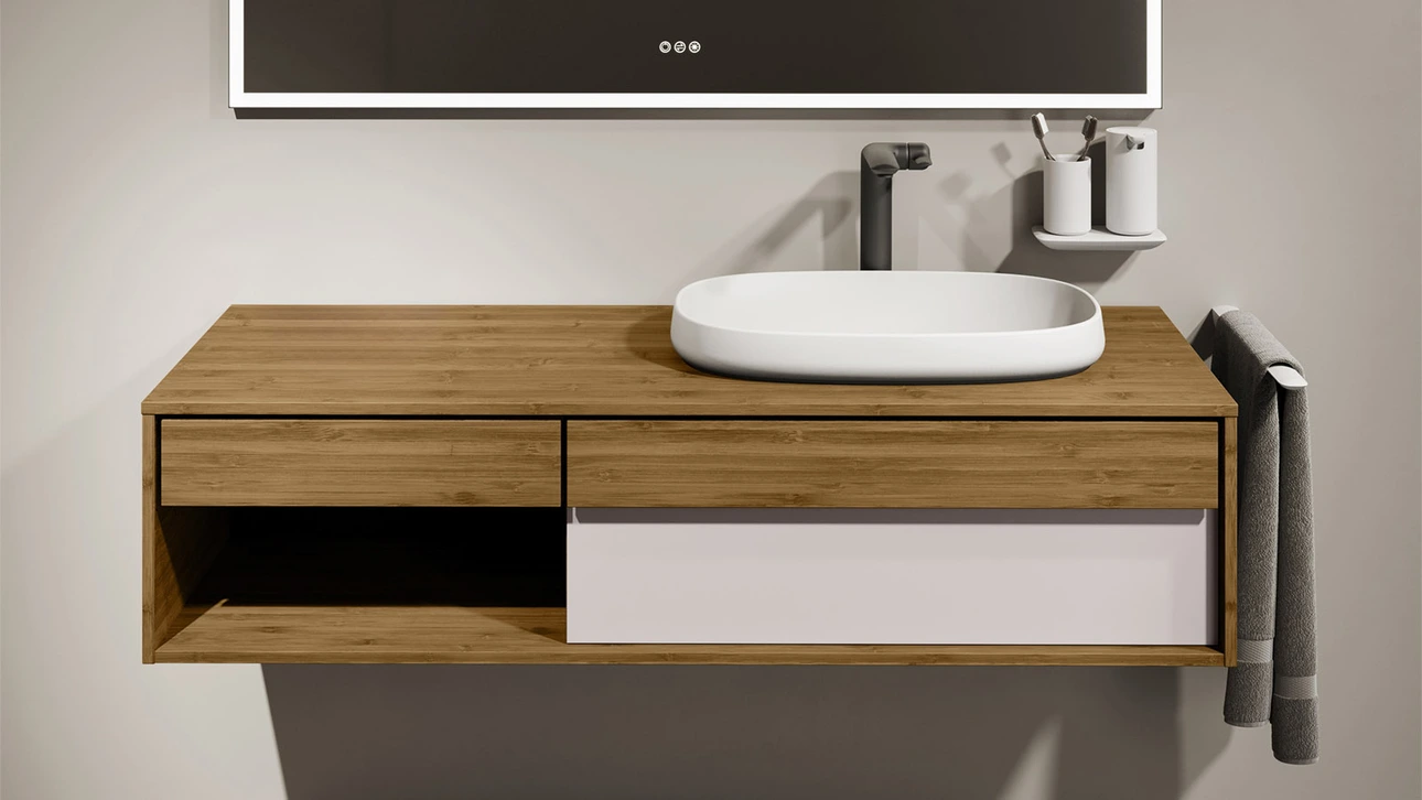 FOR Odivis Konsolenanlage Waschtischunterschrank bicolor Bambus natur / Salzsee matt