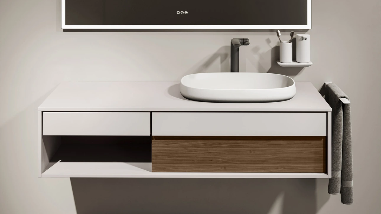 FOR Odivis Konsolenanlage Waschtischunterschrank bicolor Salzsee matt / Nussbaum natur