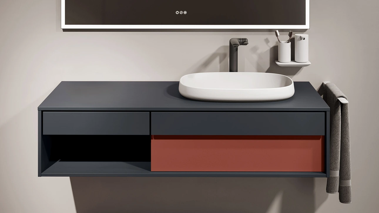 FOR Odivis Konsolenanlage Waschtischunterschrank bicolor Nachthimmel matt / Herbstwald matt