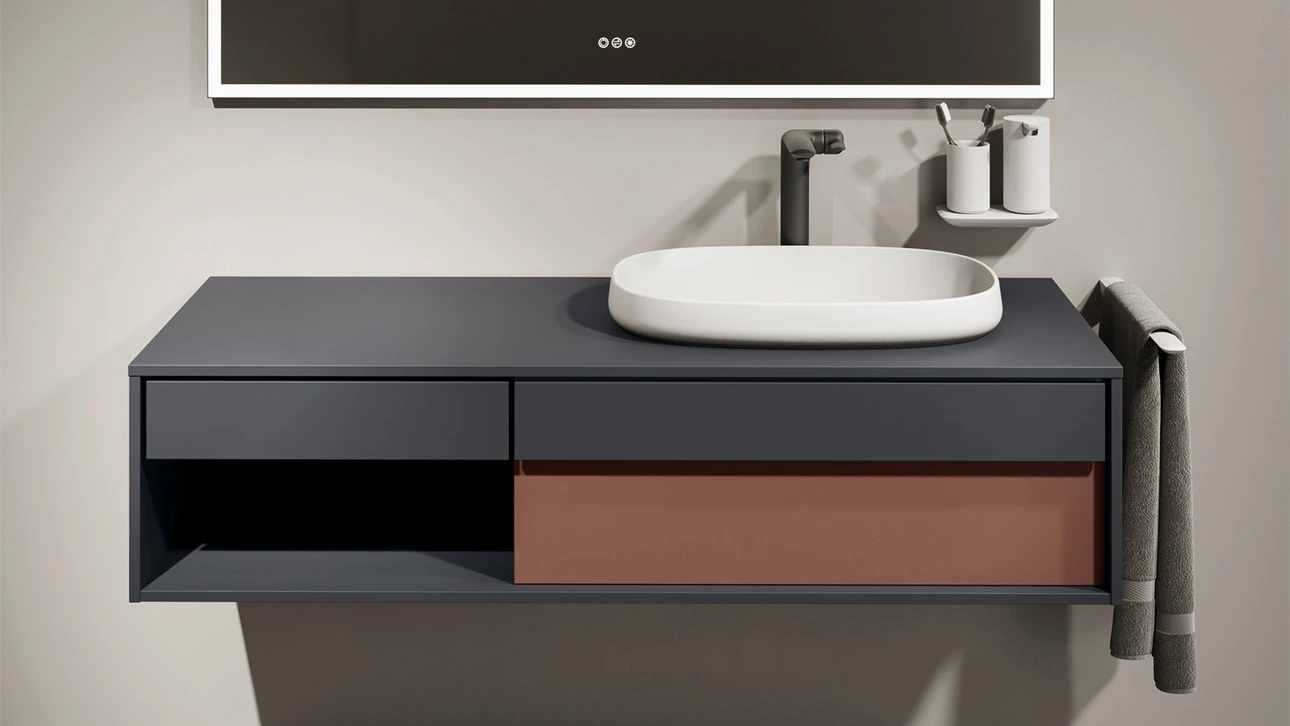 FOR Odivis Konsolenanlage Waschtischunterschrank bicolor Nachthimmel matt / Herbstwald matt