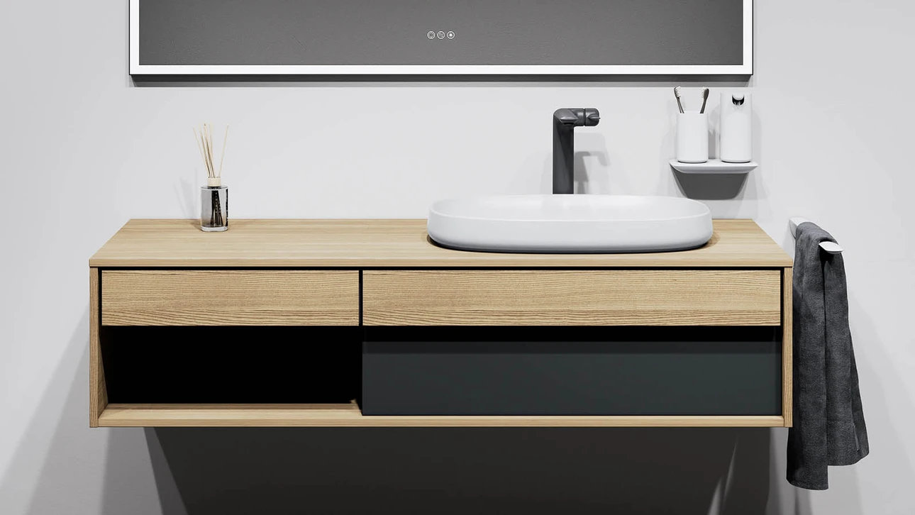 FOR Odivis Konsolenanlage Waschtischunterschrank bicolor Eiche natur / Nachthimmel matt