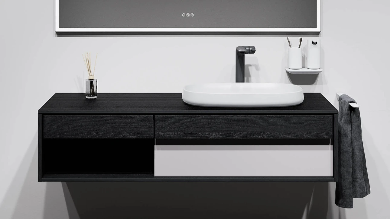 FOR Odivis Konsolenanlage Waschtischunterschrank bicolor Eiche schwarz / Morgennebel matt