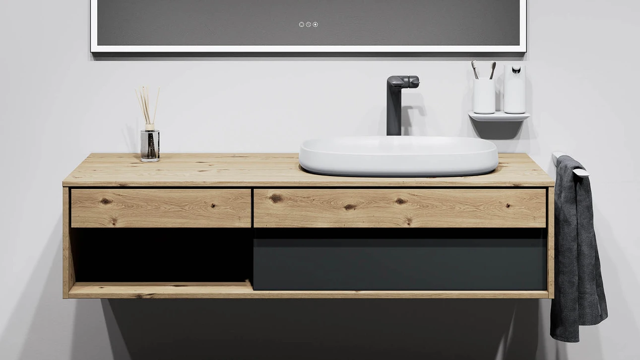 FOR Odivis Konsolenanlage Waschtischunterschrank bicolor Asteiche natur / Nachthimmel matt