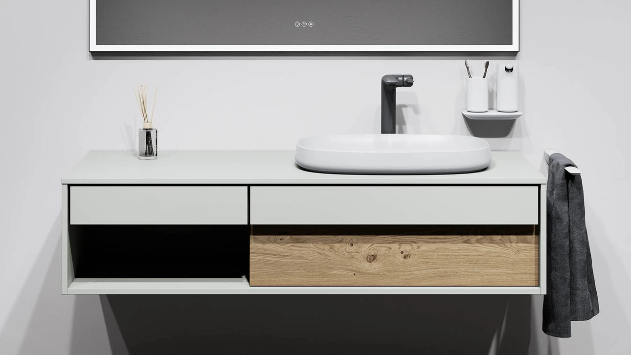 FOR Odivis Konsolenanlage Waschtischunterschrank bicolor Salzsee matt / Asteiche natur