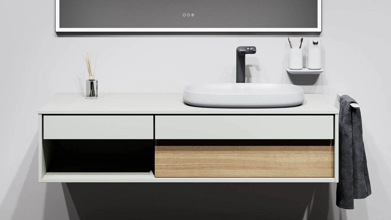 FOR Odivis Konsolenanlage Waschtischunterschrank bicolor Salzsee matt / Eiche natur