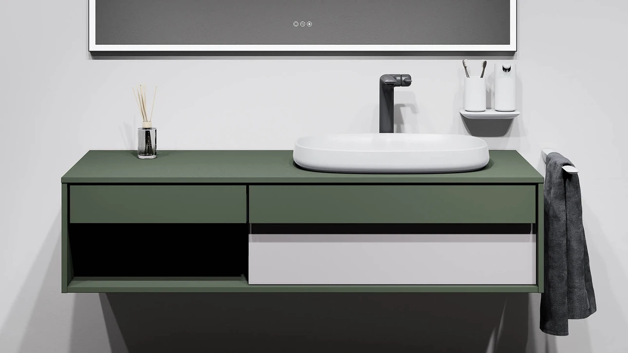 FOR Odivis Konsolenanlage Waschtischunterschrank bicolor Olivenhain matt / Morgennebel matt