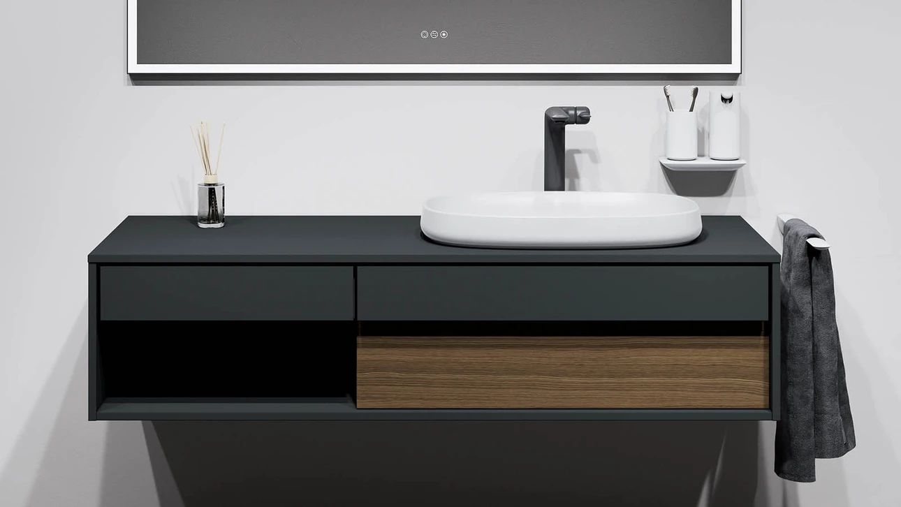 FOR Odivis Konsolenanlage Waschtischunterschrank bicolor Nachthimmel matt / Nussbaum natur
