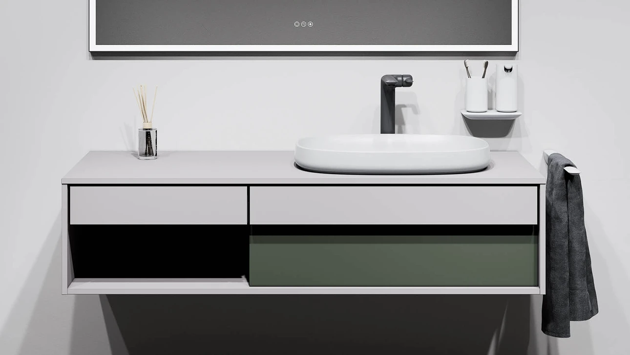 FOR Odivis Konsolenanlage Waschtischunterschrank bicolor Morgennebel matt / Olivenhain matt