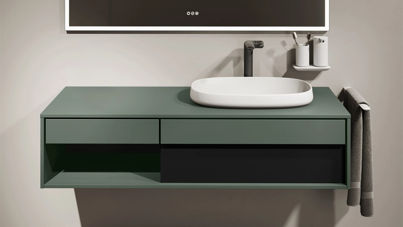 FOR Odivis Konsolenanlage Waschtischunterschrank bicolor Olivenhain matt / Lavafeld matt