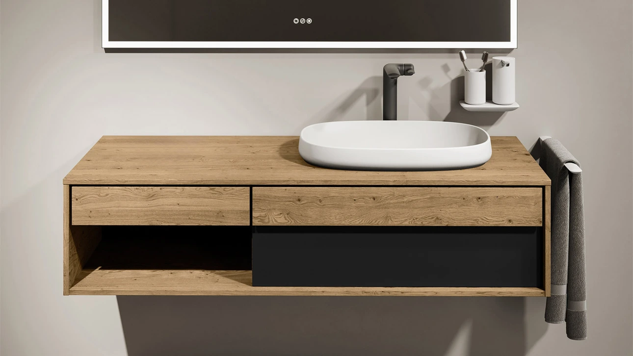 FOR Odivis Konsolenanlage Waschtischunterschrank bicolor Asteiche natur / Lavafeld matt