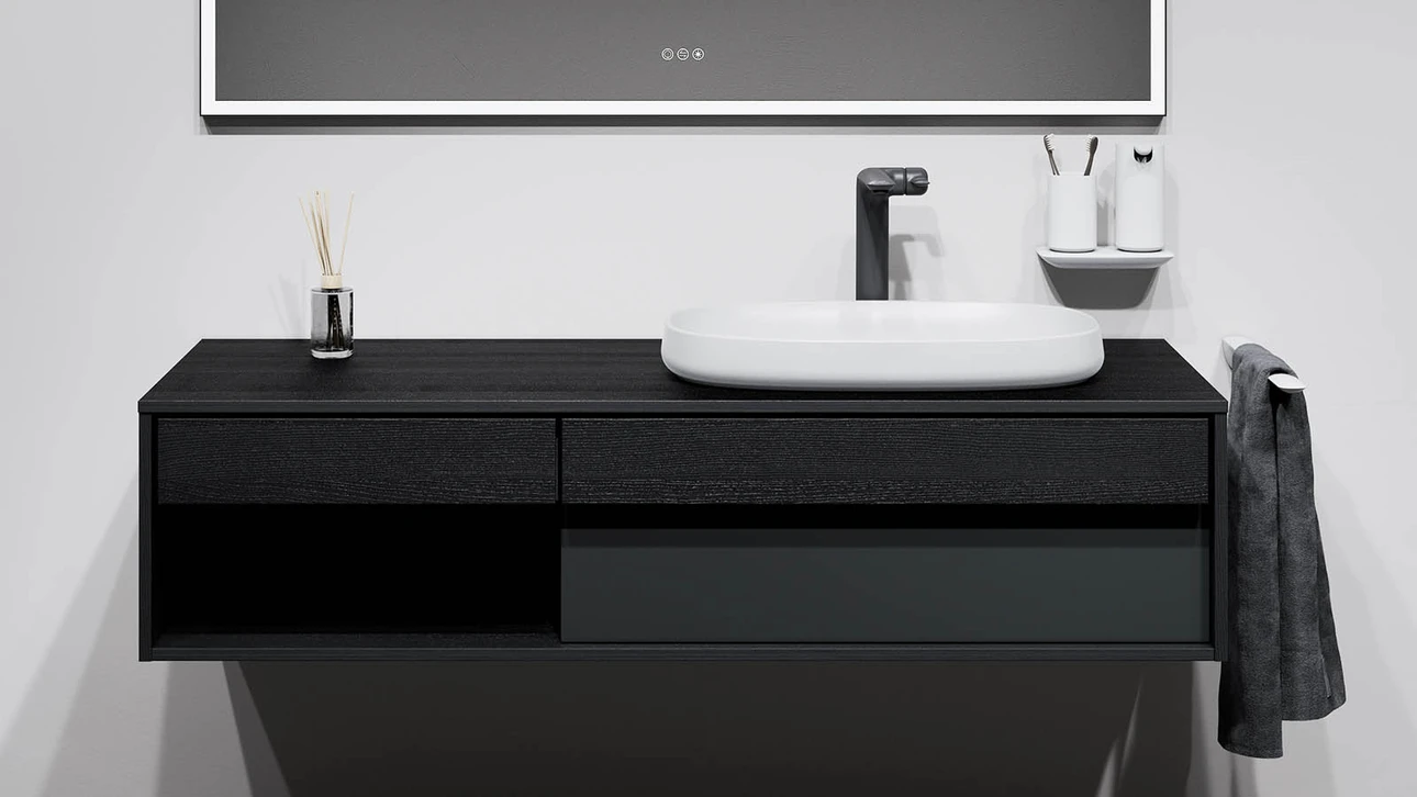 FOR Odivis Konsolenanlage Waschtischunterschrank bicolor Eiche schwarz / Nachthimmel matt